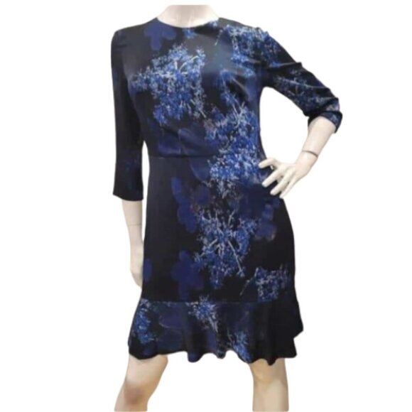Banana Republic Dark Blue Floral 3/4 Sleeve Peplum  Hem Midi Dress 10 - Picture 1 of 16